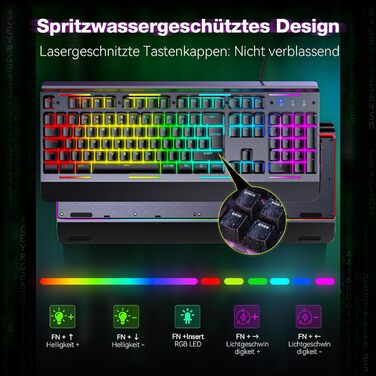 TECKNET RGB ігрова клавіатура для ПК, мембранна, 105 клавіш, повний металевий корпус, підставка для зап'ястя, 15 зон RGB підсвічування, 25 антиблінд, клавіатура для комп'ютера, німецька розкладка (QWERTZ)