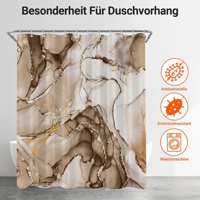 Штора для душу 180x200 см, коричневий мармур, поліестер, з утяжеленим краєм, антигрибкова, водовідштовхувальна, з кільцями (1 шт)