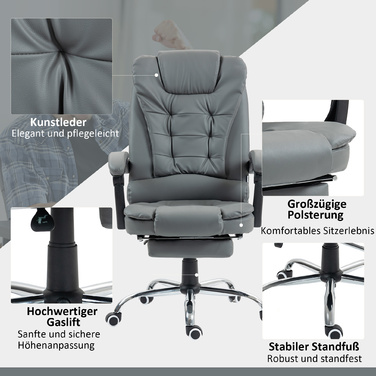 HOMCOM Chef Office Chair with Footrest, Reclining Desk Chair, Height-Adjustable Computer Chair with Armrests, Swivel Chair for Office, Faux Leather, Grey | Aosom