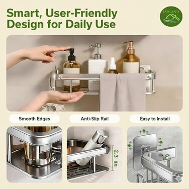 Полка для душу Evaland з алюмінію, 2 шт. з гачками та стійкою для рушників, без свердління, стійка до іржі, преміум-органайзер для ванної кімнати, кухні, сріблястого кольору