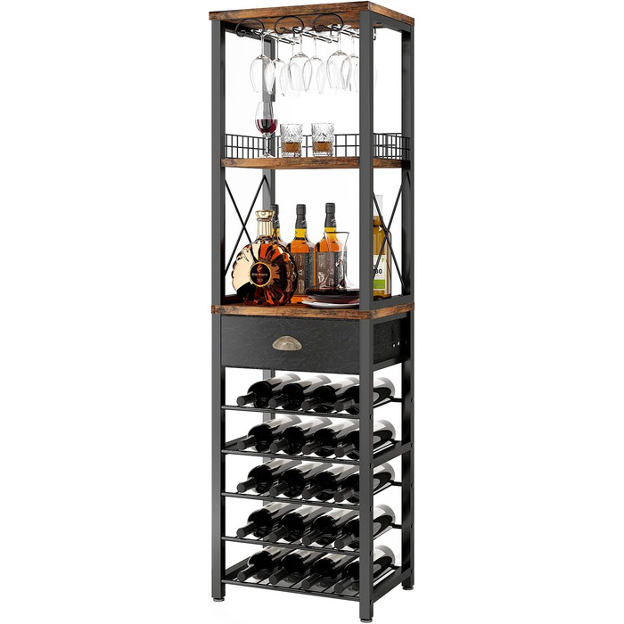 Homeiju Wine Rack, Freestanding Floor, Bar Cabinets for Liqueurs and Glasses, 4-Tier Bar Cabinet with Table Top, Glass Holder, Storage Drawer and Wine Storage for Living Room, Kitchen