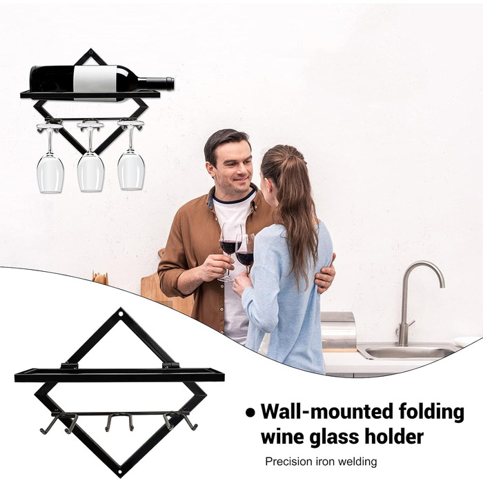 2pcs Metal Wall Mounted Wine Rack Stemware Glass Rack, Foldable Wall Hanging Red Wine Shelf Organizer with 3 Stem Glass Holders, Black Wine Bottle Hanger for Home Kitchen Bar Wall Decor