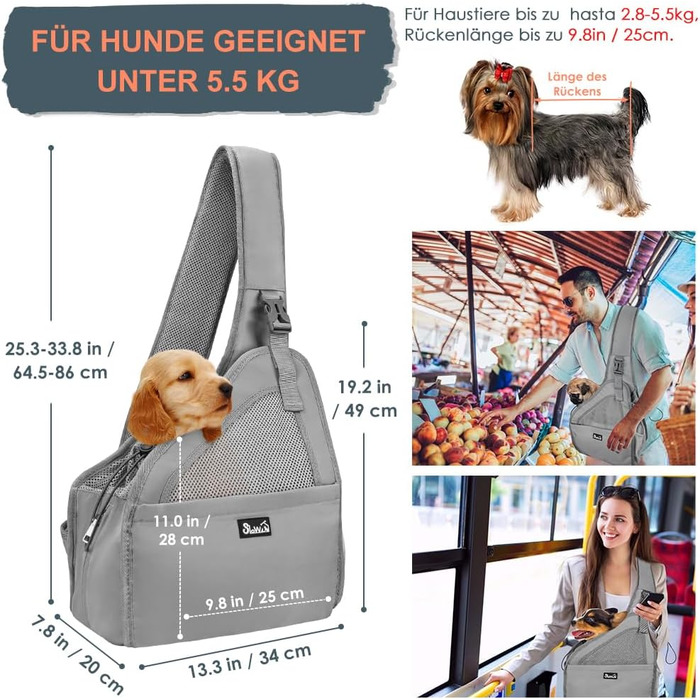 Dog-friendly baby sling/wrap for dogs, hands-free travel bag for small pets with adjustable straps, hardboard base, safety belt, for dogs up to 2.8kg, wider version (L - For pets under 5.5kg), Grey