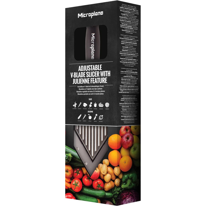 Тірний овочевий терт Microplane з V-подібною та Julienneklingen-лезом, з нержавіючої сталі, з захистом пальців