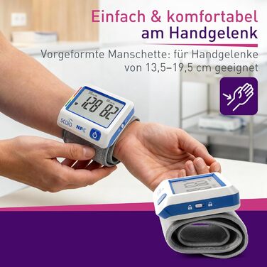 Тонометр на зап'ястя Scala SC 6027 NFC - точний вимірювач артеріального тиску з індикатором ВООЗ, 85 місць пам'яті, Fuzzy Logic, з коробкою та батарейками, манжета 13,5-19,5 см