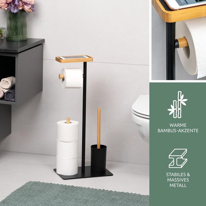 Набір для туалету Eluno Stand-WC 4в1: щітка, тримач туалетного паперу, полиця, бамбук/метал (білий/чорний)