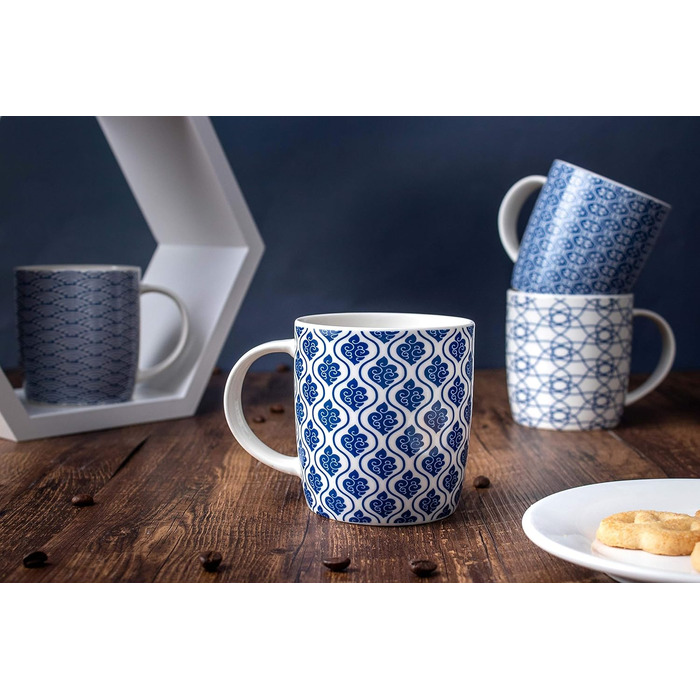 Set of 6 coffee cups with black and white geometric pattern, ceramic tea cup set of 6 (black cup set) (Blue)