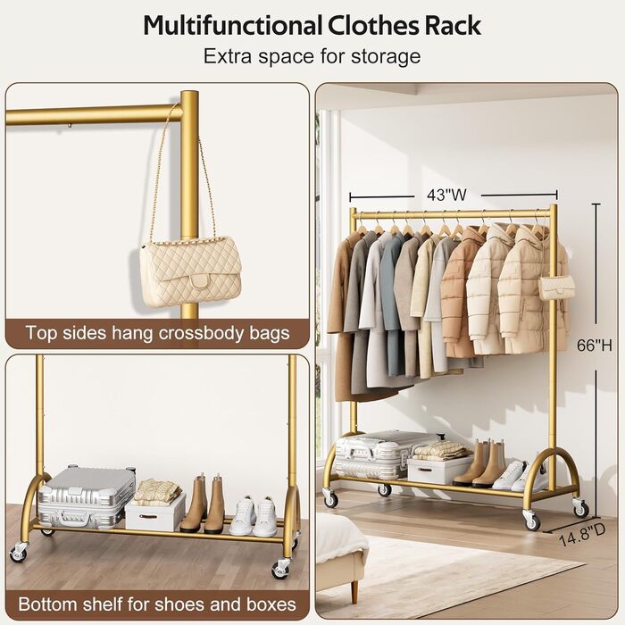 Міцний вішак для одягу на коліщатках MISSLO для спальні, металевий, золотий - мобільна вішалка для одягу, пальто