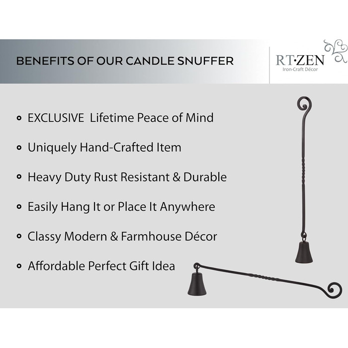 RTZEN - Décor Candle Snuffer with Long Handle, Black Wrought Iron Candle Snuffer, Easily Extinguish Any Candle in Dining Room, Kitchen, Bathroom or Spa, Handmade Authentic Unique Gift