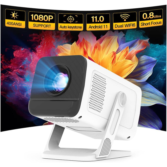 Портативний проєктор LYNCAST з Wi-Fi та Bluetooth, Android 11, 1080P/4K, поворотний на 180°, для домашнього кінотеатру та на відкритому повітрі (VisualCube 300 White)