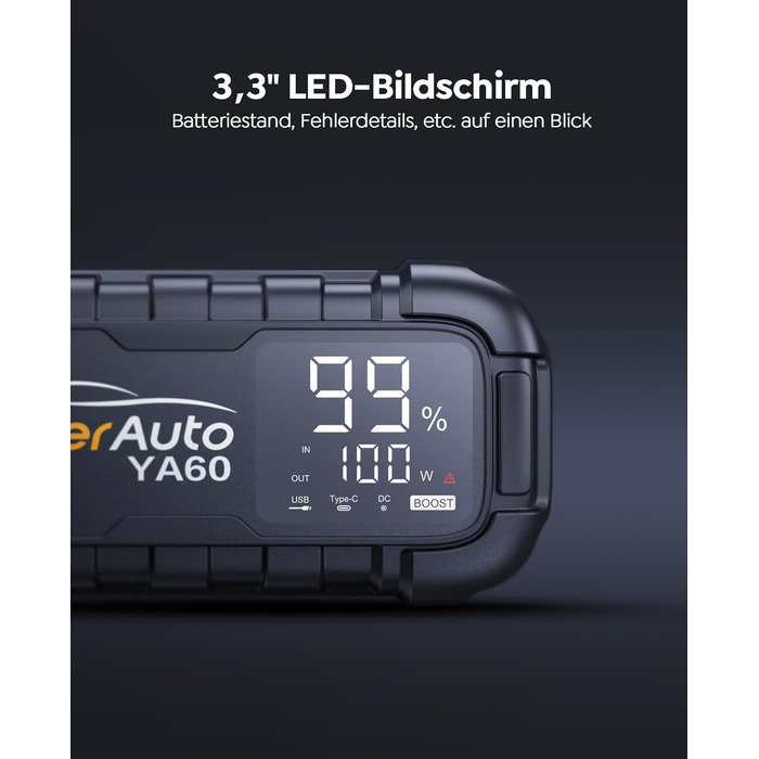 YaberAuto Powerbank для запуску двигуна, 6000A, 65W USB-C PD, 26800mAh, для бензинових та дизельних двигунів (12.0L), з LED-ліхтарем 600 люмен