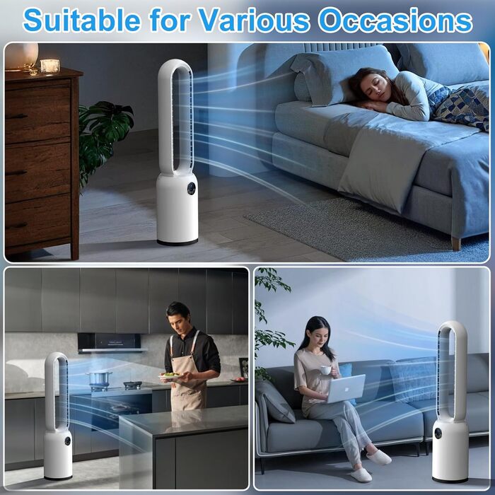 Безлопатий вентилятор з дистанційним керуванням, тихий, з LED-дисплеєм, 90° гойдання, 24 швидкості, 12H таймер, підлоговий вентилятор для дому (білий)