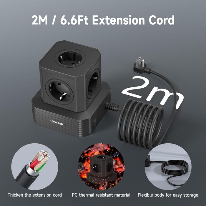 Мережевий фільтр з USB-портами Power Tower - зарядний станція для дому, офісу та студентів. 5 розеток AC, 8 USB (4 USB-C), 2м кабелю, захист від перевантаження