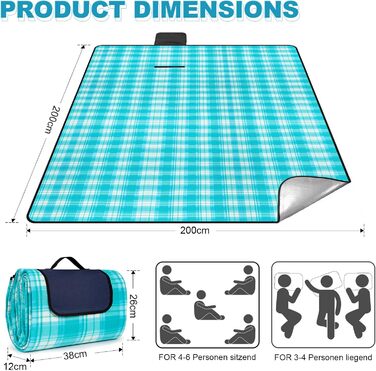 Килимок для пікніка SOMLAW водовідштовхувальний, великий, 200x200 см, для 4-6 осіб, з ручкою, ідеальний для кемпінгу та пляжу (Himmelblau Kariert)