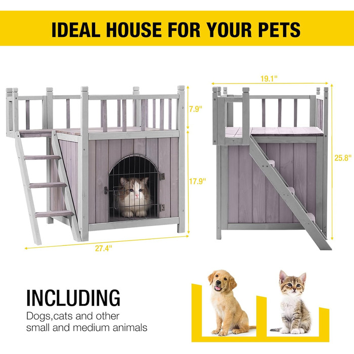 Будинок для собак та котів Aivituvin Feral з 2 поверхами та сходами (Сірий, L-08)