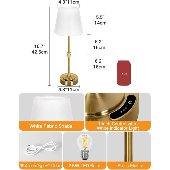 OUTON Настільна лампа 2 шт. Бездротова, диммер, 3 кольори світла, 4000mAh, USB-C, 60 годин роботи, акумуляторна, золота для спальні, вітальні, їдальні