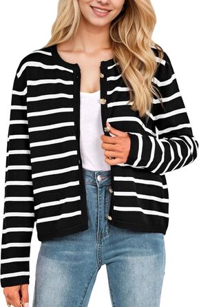 Жіноча коротка в'язана куртка з двома кишенями на ґудзиках, смугастий пуловер, стильна осіння кардиган, круглий виріз, модна в'язана кофта XL чорного кольору