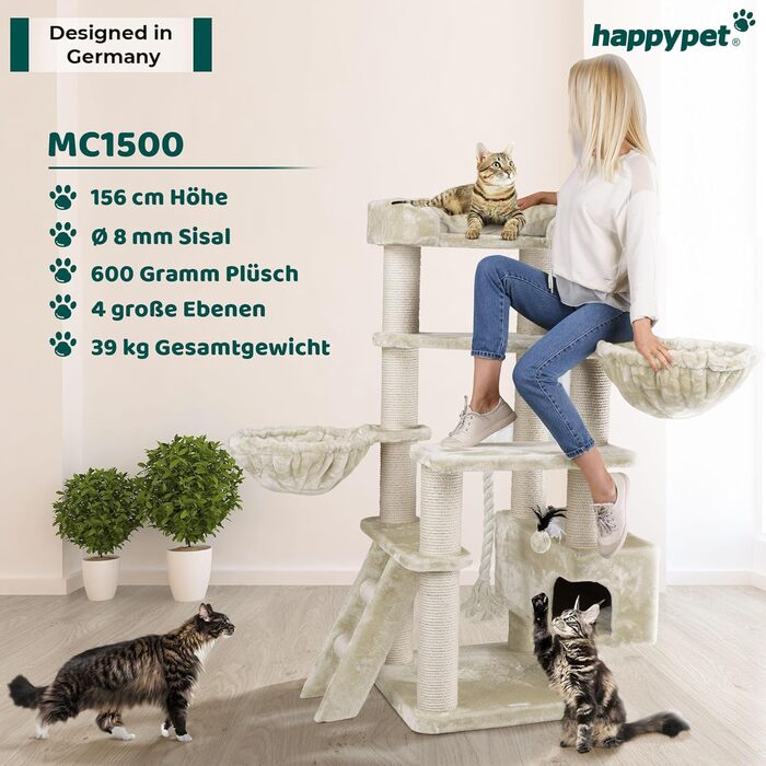 HAPPYPET Драбина для котів Якоб XXL - велика, стабільна, з сизалевими стовпами, товста платформа, для великих порід (кремовий)
