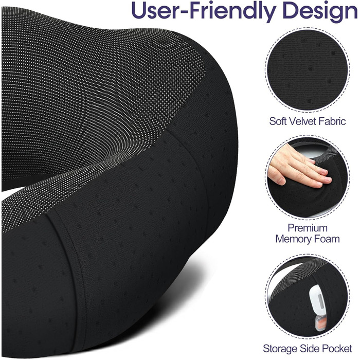 Подушка для шиї у літак - туристична подушка з Memory Foam - зручна подушка-воротник з м'яким дихаючим чохлом - ідеальна для подорожей, офісу, авто, кемпінгу, сну (Чорний)