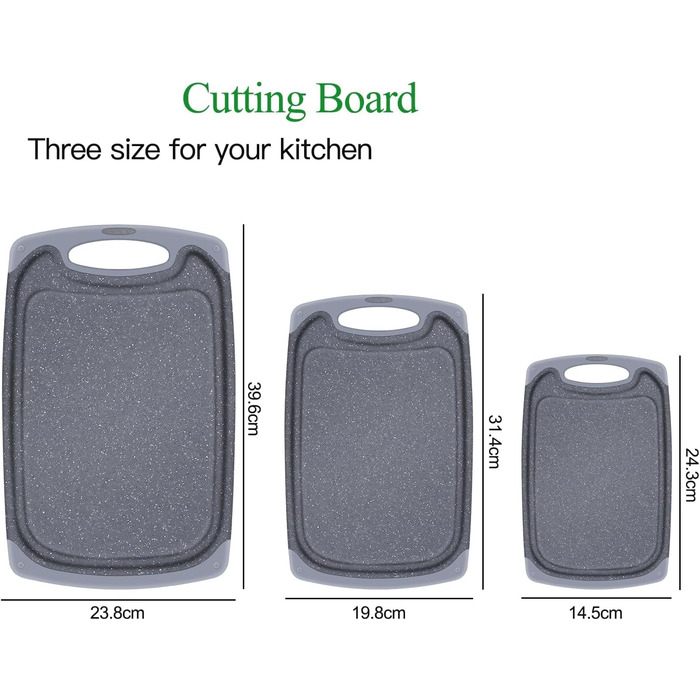 Набір обробних дощок з пластику, 3 шт. з жолобками для соку та антиковзними ручками. Без BPA, придатні для миття в посудомийній машині. Сірий кухонний дошка.