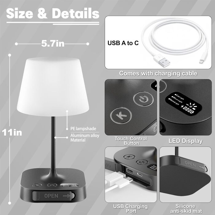 LED лампа настільна акумуляторна Anordsem бездротова: торшери з сенсорним керуванням та USB A+C - маленька настільна лампа для дитячої кімнати, нічник, подарунок, чорний