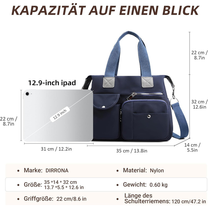 Сумка жіноча DIRRONA велика – містка сумка-шопер для міста, роботи, університету та подорожей з відділеннями, знімним ременем, темно-синя