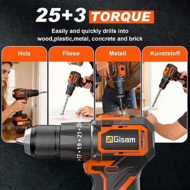 Акумуляторний шурупокрут/дрель 21V з набором 2 акумуляторів, 1200W двигун Brushless, 75Nm, 25+3 рівня крутного моменту, патрон 13мм, 2 швидкості, LED, 29-ти елементний набір для дому, саду та DIY-проектів помаранчевого кольору