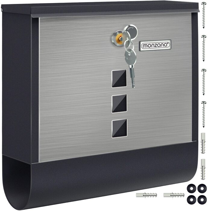 Поштовий ящик Monzana Kreuzschloss з мідним циліндром, поворотна кришка 31x10x34 см, вікно, табличка для імені, відділення для газет, сталь, 2 ключі, чорно-срібний