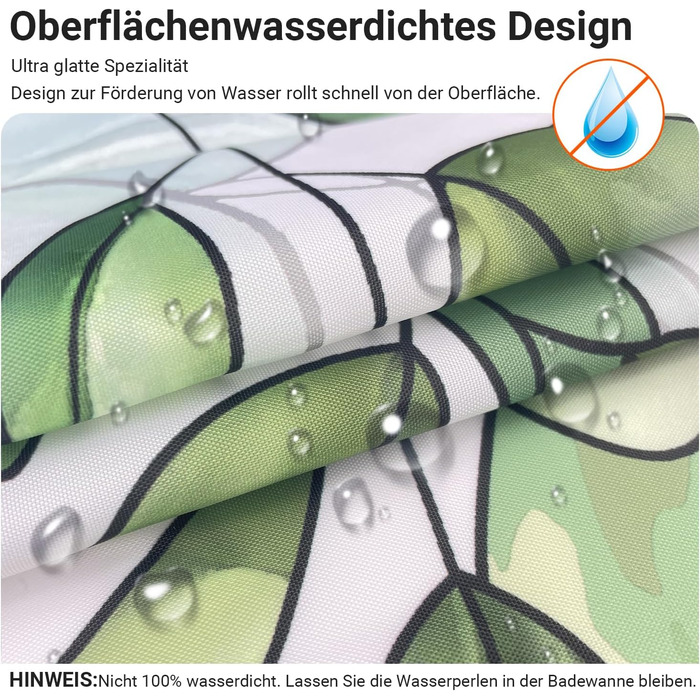 Штора для душу 300x200 см, зелені листки, антигрибкова, текстильна, з обтяженим краєм, водовідштовхувальна, поліестер, з кільцями та 16 гачками для ванної кімнати