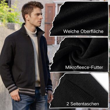 Чоловіча в'язана жилетка з кишенями, стійким коміром, флісовою підкладкою, кардиган, повсякденний зимовий одяг, в'язана куртка з блискавкою, теплий зимовий верхній одяг, чорний, L