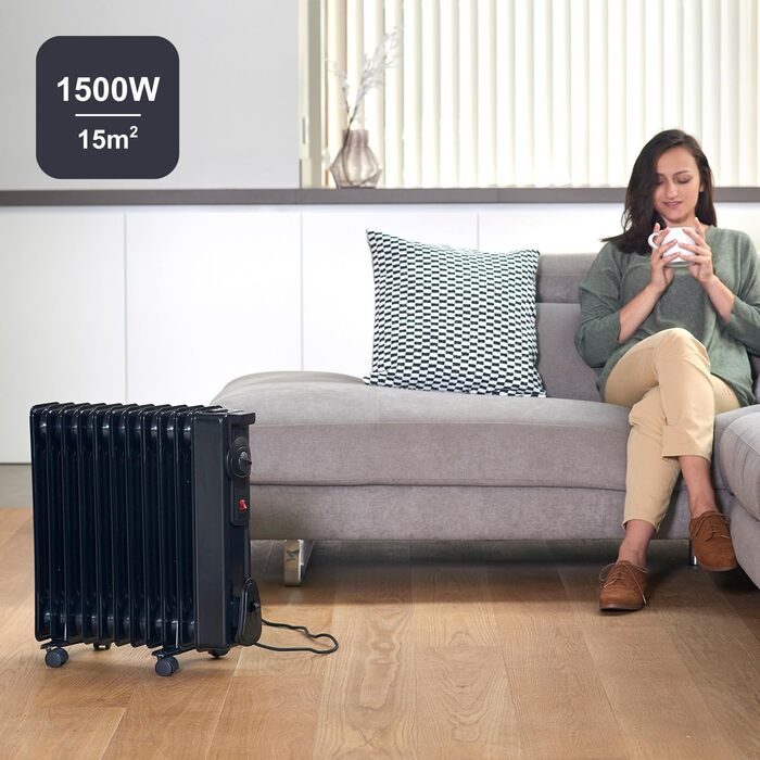 Масляний радіатор BLACK+DECKER BXRA1500E, 1500 Вт, 2 режими нагріву, регулювання потужності, чорний колір