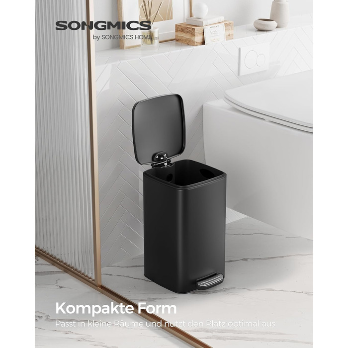Смітник для ванної кімнати та косметики SONGMICS PLUSHIC, сталевий педальний відро з кришкою Soft-close, 8 л, чорний (LTB590B0602)