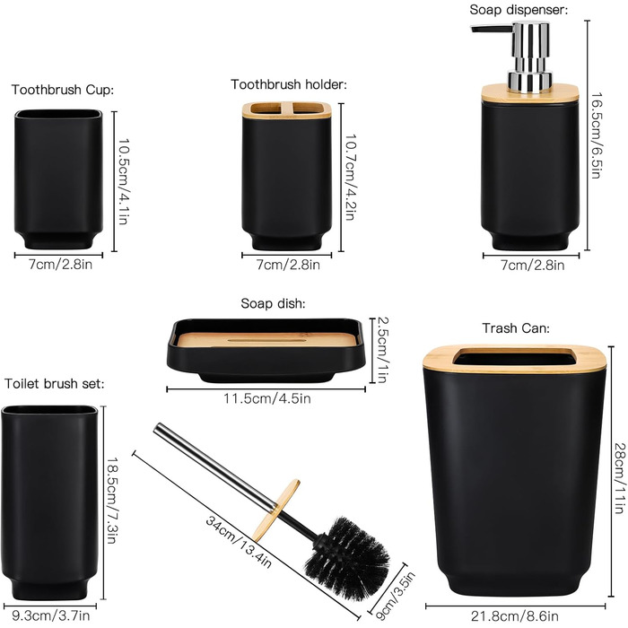 Набір аксесуарів для ванної кімнати JOTOM з бамбука, 6 шт. Сучасний дизайн: дозатор для мила, тримач для зубних щіток, стакан, мильниця, тримач для туалетного йоржика, сміттєве відро. Сірий колір
