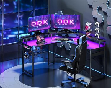 Ігровий стіл ODK 129x129 см з LED підсвіткою, розетками і USB, комп'ютерний стіл з великою полицею для монітора, карбон, чорний
