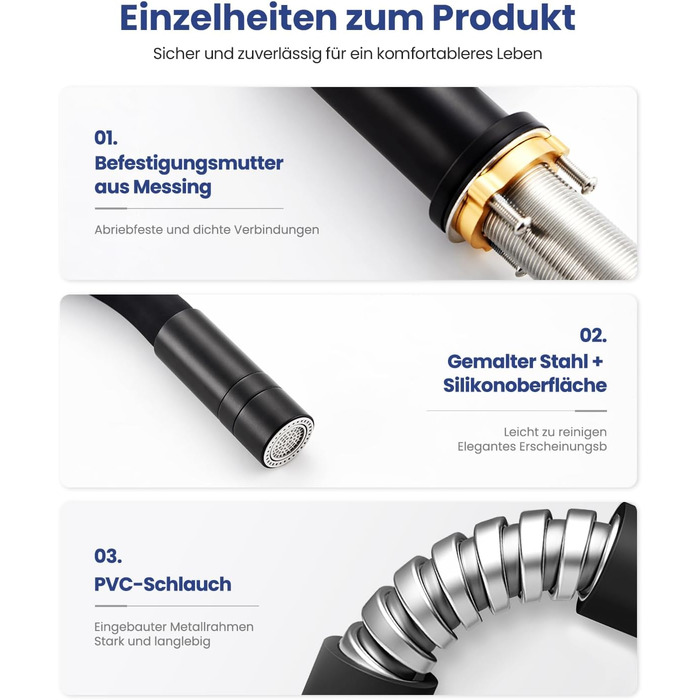 Змішувач для кухні гнучкий чорний, нержавіюча сталь, 2 режими струменя, 360° поворот, кухонний змішувач, преміум якість