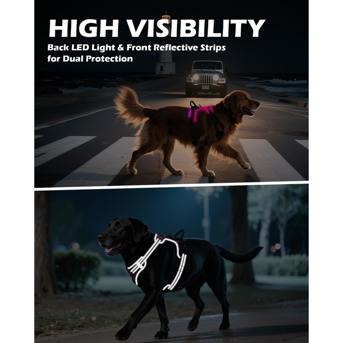 Світловідбиваючий нашийник для собак Joytale з LED, для середніх собак, не тягне, з ручкою, регульований, для нічних прогулянок, рожевий, розмір M (1 шт.)