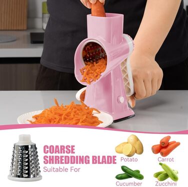 Ручна тертка для сиру та овочів Dreamhigh з ручкою, 3 змінні леза з нержавіючої сталі, ідеальна для сиру, горіхів, моркви та інших продуктів, білий колір (рожевий)