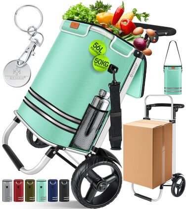 KESSER® Розкладний візок для покупок 56л з вантажопідйомністю 50кг | 3в1 візок, сумка-візок, сумка через плече | Розкладний візок з ізольованим відділенням та кишенькою для покупок | Сходинковий візок, м'ятно-зелений
