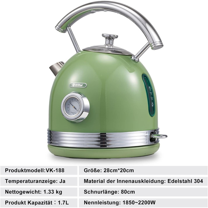 Ретро чайник з нержавіючої сталі, електрочайник та тостер-сет, 2200 Вт, 1,8 л, для чаю, кави, дитячого харчування, без BPA. Зелений вінтажний дизайн