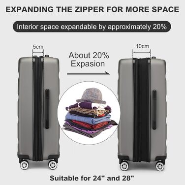 Чемодан-тележка KONO з розширенням, жорсткий корпус, XL, з TSA-замком та 4 колесами, 75x47.5x29.5 см, сірий