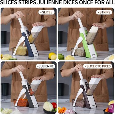 QYKIC Vegetable Slicer, ONCE FOR ALL Adjustable Vegetable Grater Mandoline Vegetable Slicer Potato Slicer Onion Slicer made of Plastic Grey, Stainless Steel