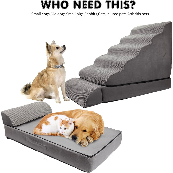 Сходи для собак LitaiL з 6 сходинок, сірі, для високих ліжок, 63.5–76.2 см висота, підходять для собак до 76.2 см