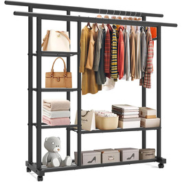 Металевий вішак для одягу GETCO TECH 150см з 6 полицями та 2 перекладинами, на коліщатах