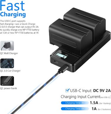 Зарядний пристрій NEEWER Dual USB з 2 шт. акумуляторами 6600mAh NP-F970, швидка зарядка для Sony NP-F970, F960, F950, F770, F750, F570, F550, Handycam, LED-ліхтарі, моторизовані слайдери NEEWER (NP-F750)