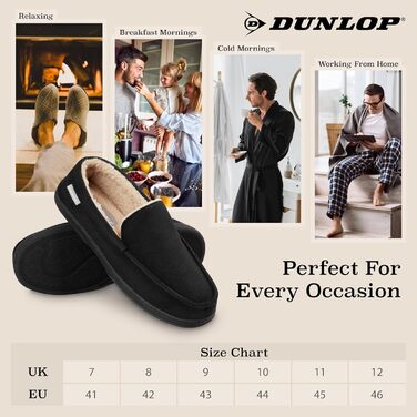 Чоловічі домашні тапочки-мокасини Dunlop з піною Memory Foam та флісовою підкладкою, антиковзкі, розмір 41-46 (43 EU), чорні