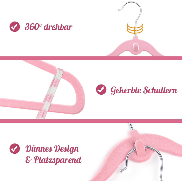 Набір велюрових дитячих вішалок 28 шт: 20 вішалок для одягу та 8 роздільників для дитячої шафи, з додатковим гачком, неслизькі, економія місця, рожеві