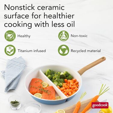 Сковорода роздільна GoodCook 30.5 см з керамічним покриттям, блакитна - посуд з нержавіючої сталі, антипригарна сковорода для яєць, м'яса, овочів, соусів