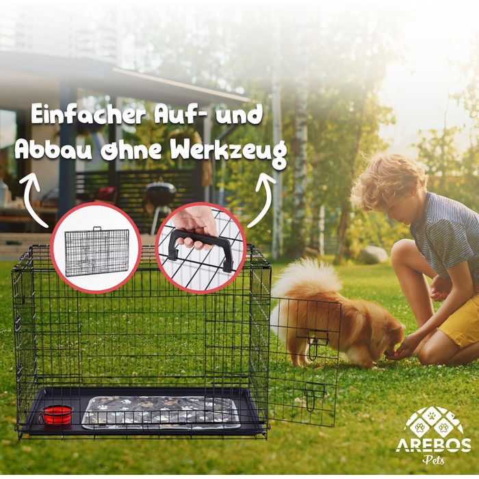 Клітка для собак Arebos 77,5 x 53 x 59 см | Транспортна переноска для собак, складана | Чорна клітка для собак | Клітка для собак з 2 дверцятами