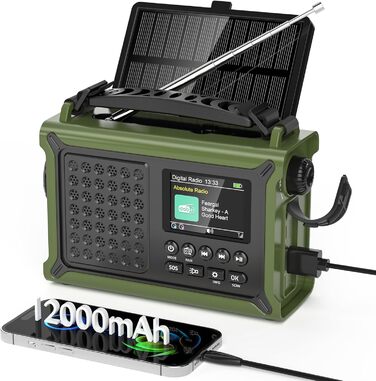 Радіоприймач Kurbelradio з DAB/DAB+/UKW, акумулятор 12000mAh, сонячна панель 8500mm², ручний генератор, Bluetooth 5.0, ліхтарик та світло для читання, для відпочинку на природі, кемпінгу, зелений
