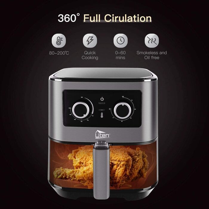 Фритюрниця без олії Uten 5.5L XXL, 1700W, таймер, антипригарне покриття, для 2-8 осіб, темно-сіра